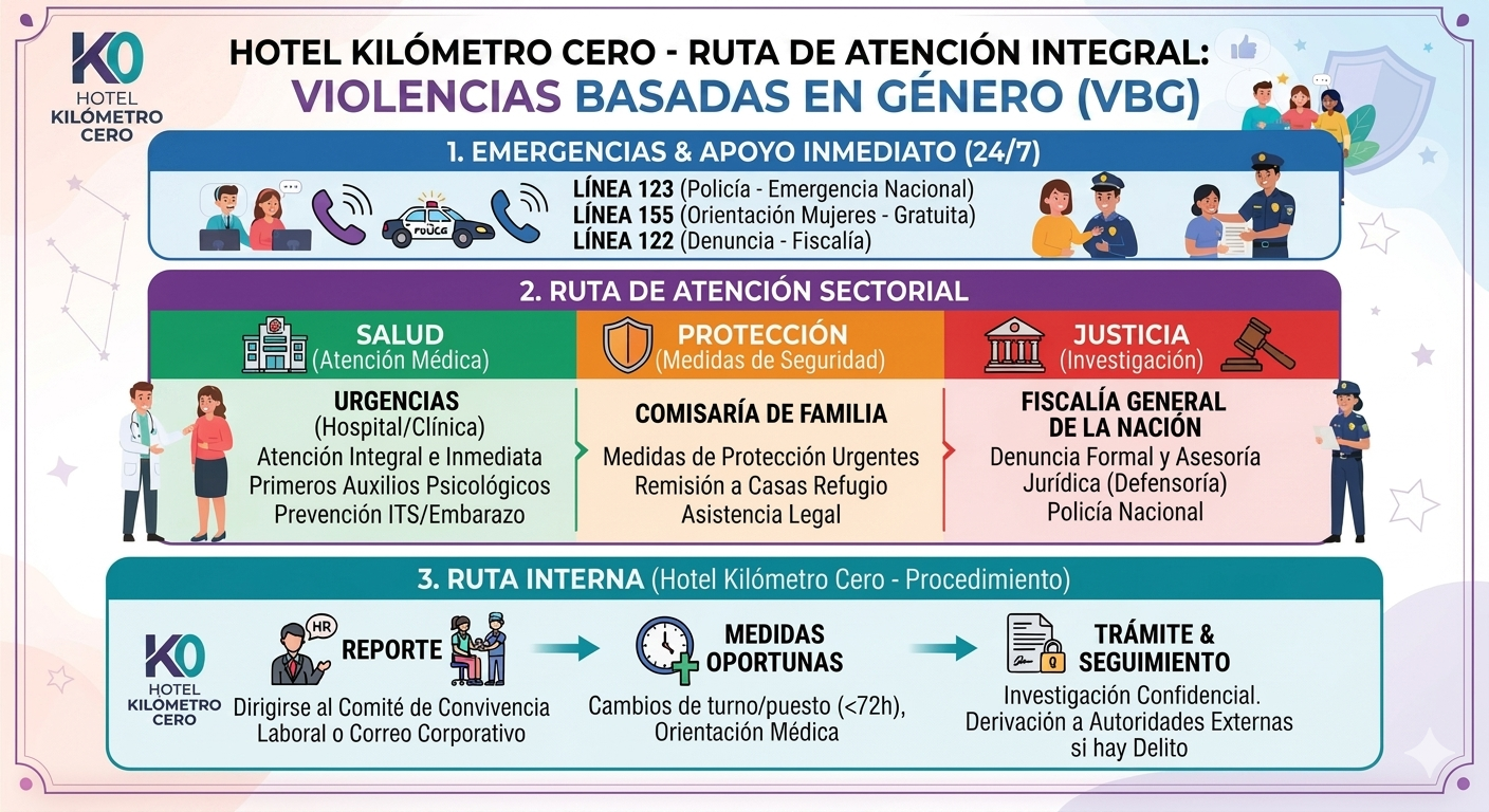 Ruta de atención integral en violencias basadas en género: emergencias, ruta sectorial de salud, protección y justicia, y ruta interna del hotel